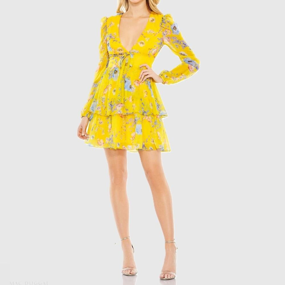 Mac Duggal Yellow Floral Print Puff Sleeve Ruffled Mini Dress Women’s Sz 0